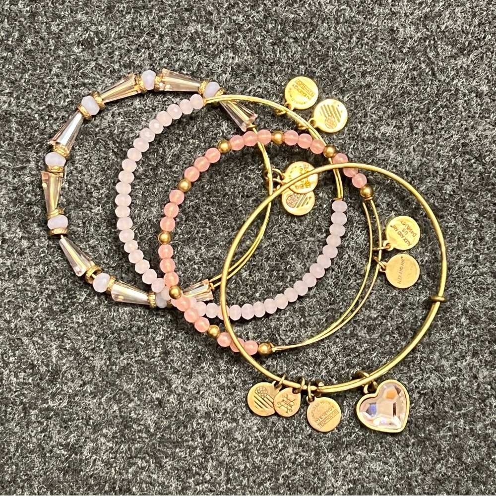 Set of 4 Alex & Ani Swarovski Crystal pink and gold with heart Bangle Bracelets
